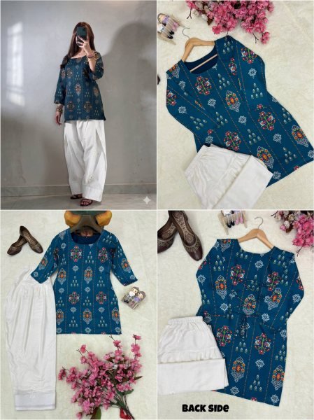 Authentic Blue Muslin Cotton Kurti with White Farshi Palazzo and Embroidery Work Printed Kurtis