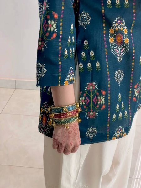 Authentic Blue Muslin Cotton Kurti with White Farshi Palazzo and Embroidery Work Printed Kurtis
