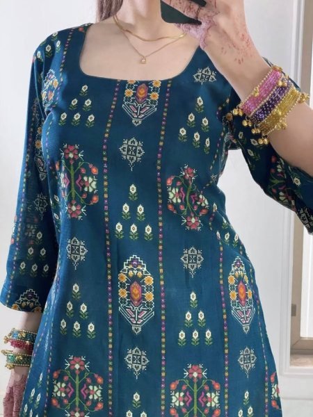 Authentic Blue Muslin Cotton Kurti with White Farshi Palazzo and Embroidery Work Printed Kurtis