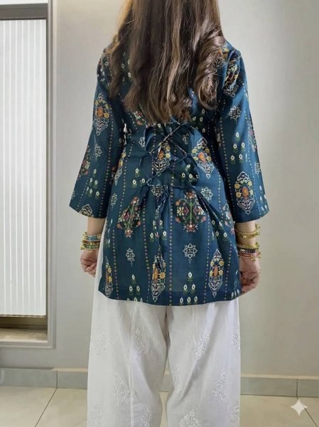 Authentic Blue Muslin Cotton Kurti with White Farshi Palazzo and Embroidery Work Printed Kurtis