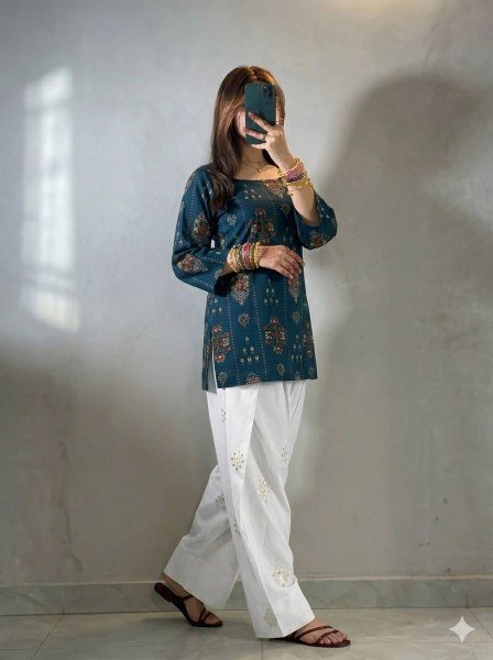 Authentic Blue Muslin Cotton Kurti with White Farshi Palazzo and Embroidery Work Printed Kurtis
