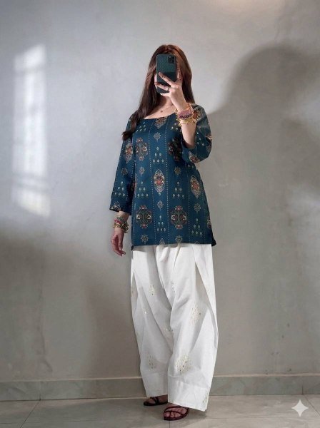 Authentic Blue Muslin Cotton Kurti with White Farshi Palazzo and Embroidery Work Printed Kurtis