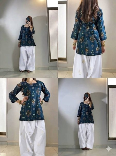 Authentic Blue Muslin Cotton Kurti with White Farshi Palazzo and Embroidery Work Printed Kurtis