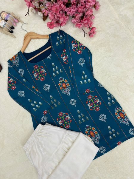 Authentic Blue Muslin Cotton Kurti with White Farshi Palazzo and Embroidery Work Printed Kurtis