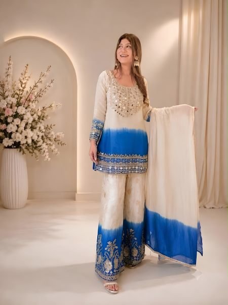 Authentic Blue Real Mirror Embroidered Star Georgette Top with Matching Palazzo  Ready To Wear Suit