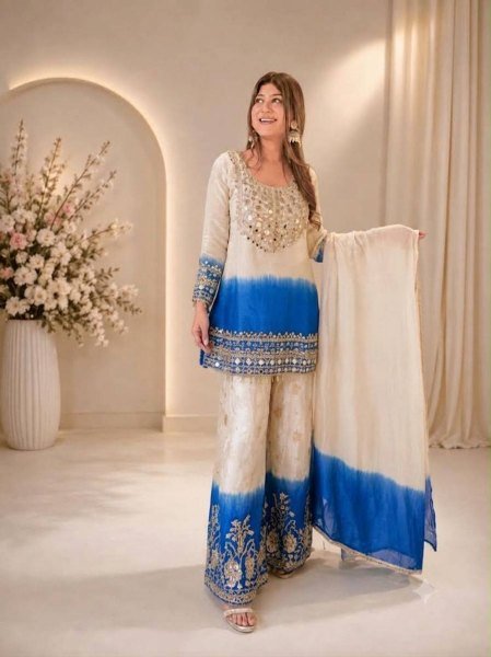Authentic Blue Real Mirror Embroidered Star Georgette Top with Matching Palazzo  Ready To Wear Collection