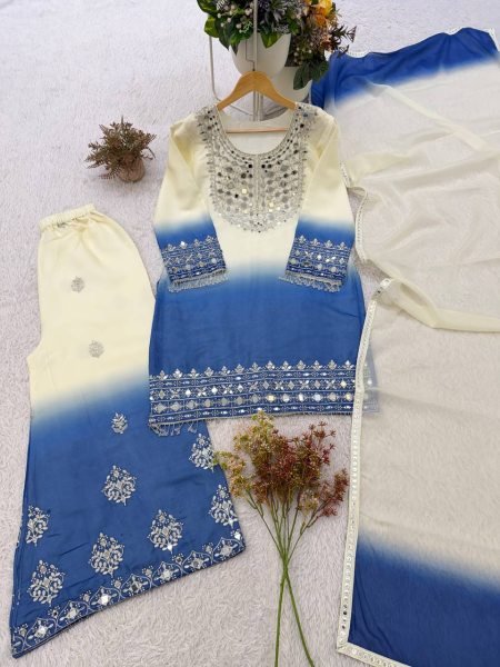 Authentic Blue Real Mirror Embroidered Star Georgette Top with Matching Palazzo  Ready To Wear Collection
