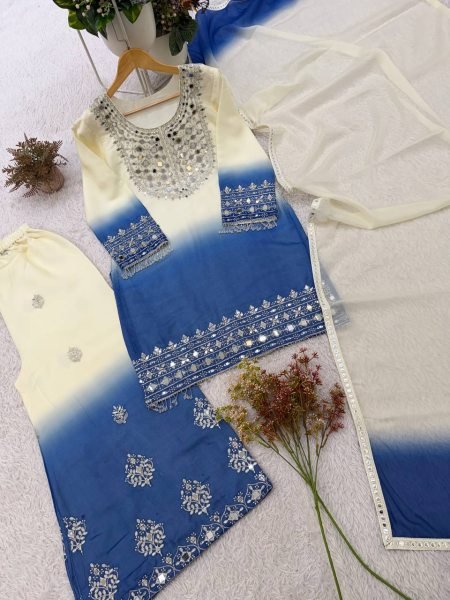 Authentic Blue Real Mirror Embroidered Star Georgette Top with Matching Palazzo  Ready To Wear Collection