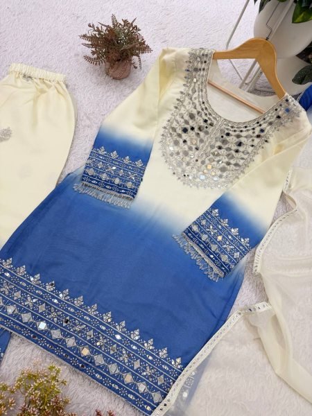Authentic Blue Real Mirror Embroidered Star Georgette Top with Matching Palazzo  Ready To Wear Collection