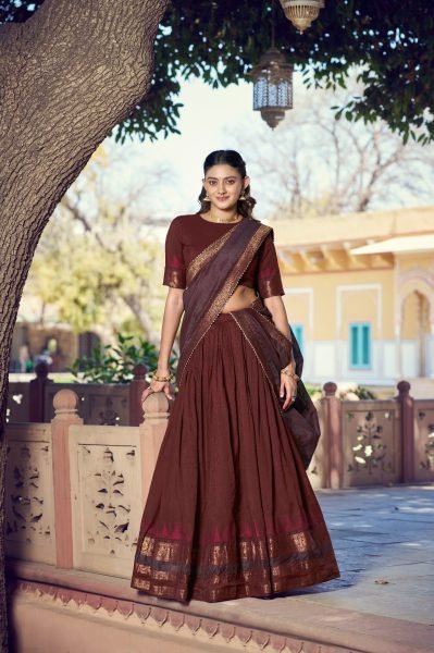 Authentic Brown Designer Lehenga with Canvas Stitching and Beautiful Inner for Festival Half Saree Lehenga