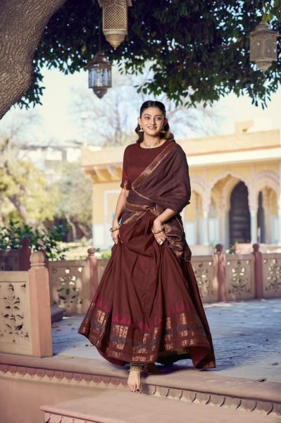 Authentic Brown Designer Lehenga with Canvas Stitching and Beautiful Inner for Festival Half Saree Lehenga