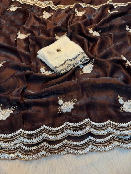 Authentic Brown Soft Fendy Satin Saree with Embroidery and Mirror Work Sarees 