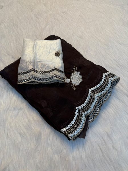 Authentic Brown Soft Fendy Satin Saree with Embroidery and Mirror Work Designer Wedding Sarees Wholesale