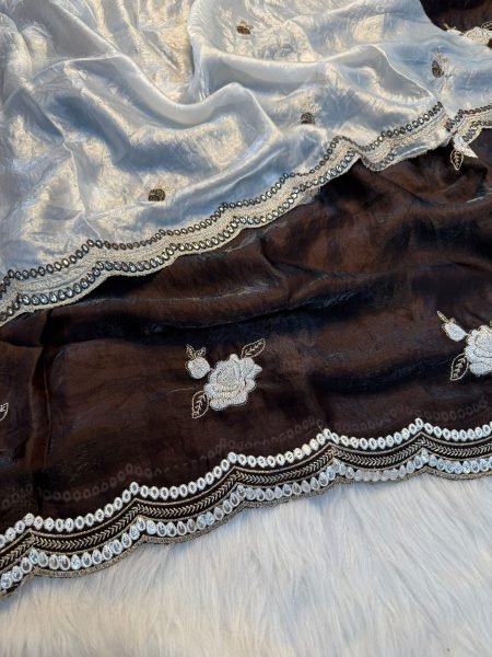 Authentic Brown Soft Fendy Satin Saree with Embroidery and Mirror Work Designer Wedding Sarees Wholesale