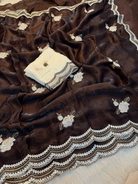 Authentic Brown Soft Fendy Satin Saree with Embroidery and Mirror Work Designer Wedding Sarees Wholesale