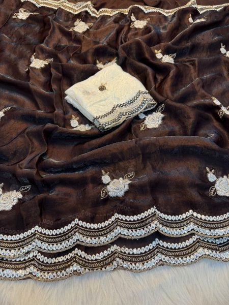 Authentic Brown Soft Fendy Satin Saree with Embroidery and Mirror Work Designer Wedding Sarees Wholesale
