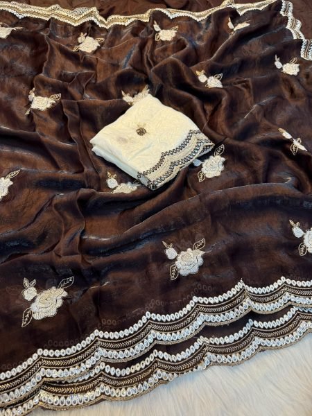 Authentic Brown Soft Fendy Satin Saree with Embroidery and Mirror Work Designer Wedding Sarees Wholesale