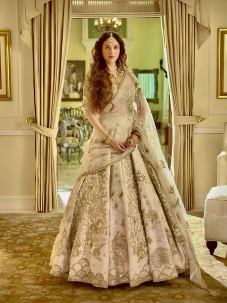 Authentic Cream Heavy Slub Silk Sequins Dori Zari Work Lehenga Choli with Net Dupatta For Bridal 