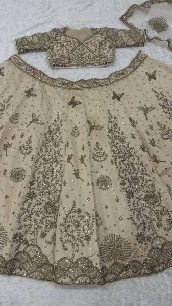 Authentic Cream Heavy Slub Silk Sequins Dori Zari Work Lehenga Choli with Net Dupatta For Bridal Designer Lehenga Choli