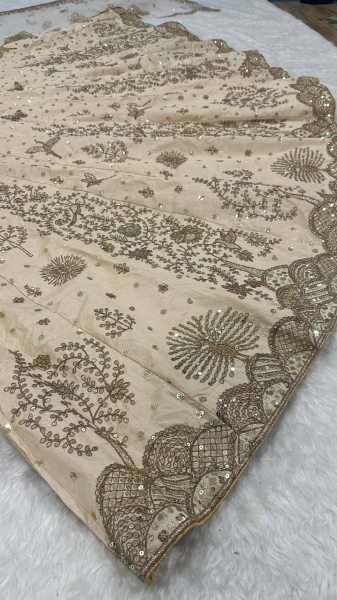 Authentic Cream Heavy Slub Silk Sequins Dori Zari Work Lehenga Choli with Net Dupatta For Bridal Designer Lehenga Choli