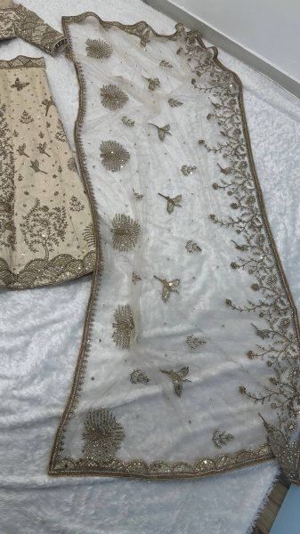 Authentic Cream Heavy Slub Silk Sequins Dori Zari Work Lehenga Choli with Net Dupatta For Bridal Designer Lehenga Choli