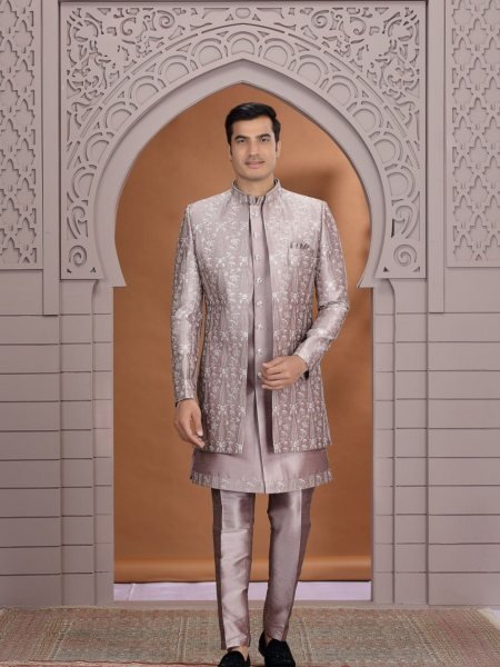Authentic Dusty Mauve Party Wear Kurta Set with Stylish Handcrafted Look For Wedding Wear Mens Wear