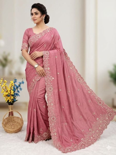 Authentic Dusty Rose Pink Satin Finish Embroidery Saree For Wedding Wear Designer Wedding Sarees Wholesale