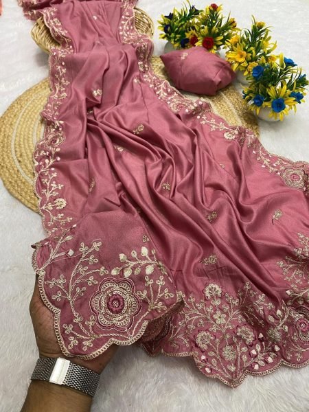 Authentic Dusty Rose Pink Satin Finish Embroidery Saree For Wedding Wear Designer Wedding Sarees Wholesale