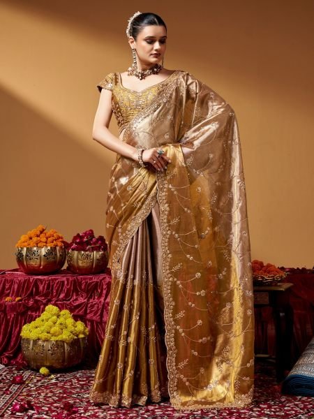 Authentic Golden Wedding Wear Kanjivaram Tissue Saree with Tube Beads Embroidery 