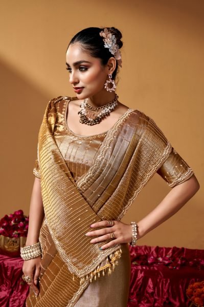 Authentic Golden Wedding Wear Kanjivaram Tissue Saree with Tube Beads Embroidery Designer Wedding Sarees Wholesale
