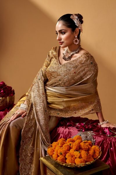 Authentic Golden Wedding Wear Kanjivaram Tissue Saree with Tube Beads Embroidery Designer Wedding Sarees Wholesale