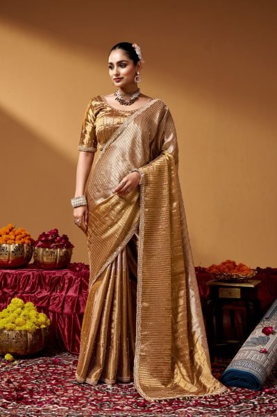 Authentic Golden Wedding Wear Kanjivaram Tissue Saree with Tube Beads Embroidery Designer Wedding Sarees Wholesale