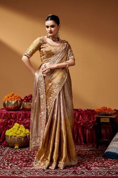 Authentic Golden Wedding Wear Kanjivaram Tissue Saree with Tube Beads Embroidery Designer Wedding Sarees Wholesale