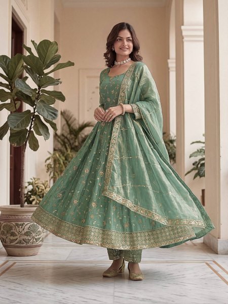 Authentic Green Fandy Silk Gown Set with Zari Sequins Embroidery and Dupatta Ready To Wear Suit