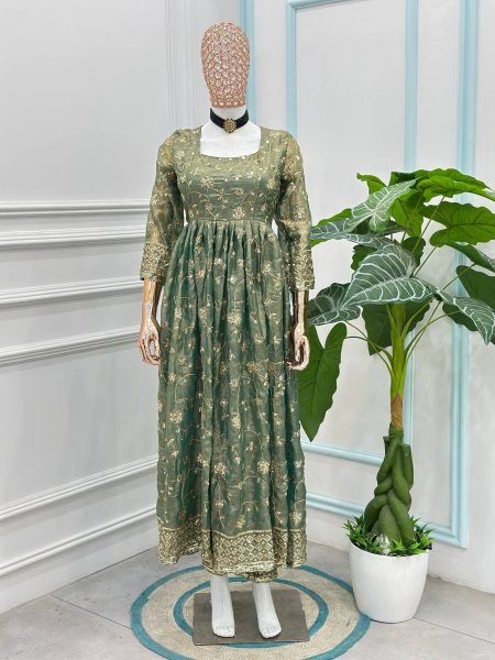 Authentic Green Fandy Silk Gown Set with Zari Sequins Embroidery and Dupatta Ready To Wear Collection