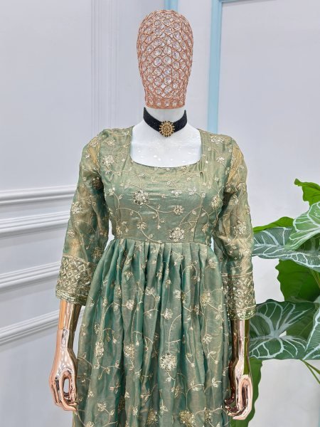 Authentic Green Fandy Silk Gown Set with Zari Sequins Embroidery and Dupatta Ready To Wear Collection