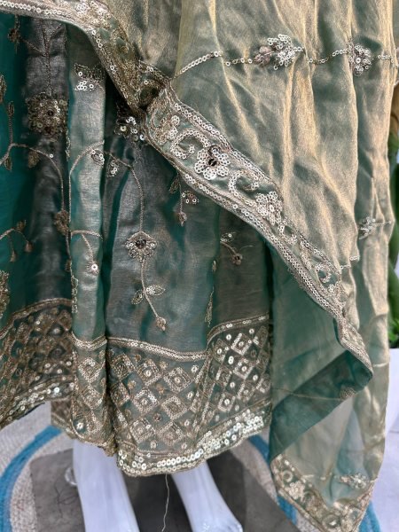 Authentic Green Fandy Silk Gown Set with Zari Sequins Embroidery and Dupatta Ready To Wear Collection