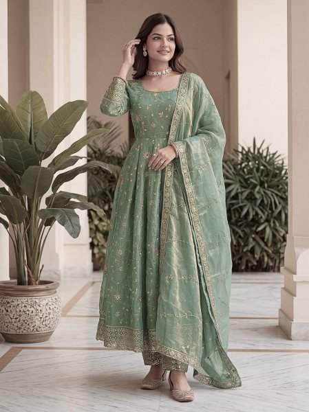 Authentic Green Fandy Silk Gown Set with Zari Sequins Embroidery and Dupatta Ready To Wear Collection