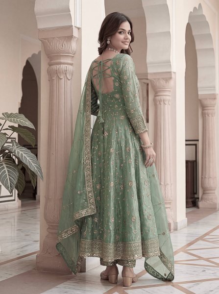 Authentic Green Fandy Silk Gown Set with Zari Sequins Embroidery and Dupatta Ready To Wear Collection