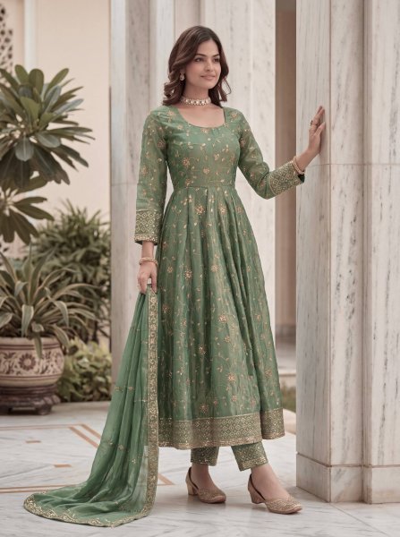 Authentic Green Fandy Silk Gown Set with Zari Sequins Embroidery and Dupatta Ready To Wear Collection