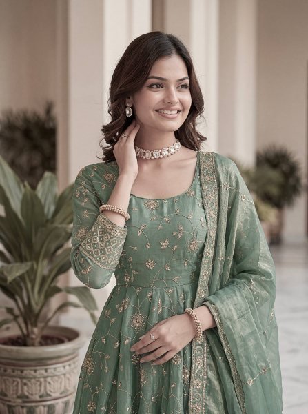 Authentic Green Fandy Silk Gown Set with Zari Sequins Embroidery and Dupatta Ready To Wear Collection