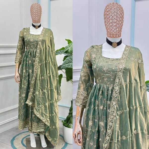 Authentic Green Fandy Silk Gown Set with Zari Sequins Embroidery and Dupatta Ready To Wear Collection