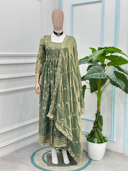 Authentic Green Fandy Silk Gown Set with Zari Sequins Embroidery and Dupatta Ready To Wear Collection