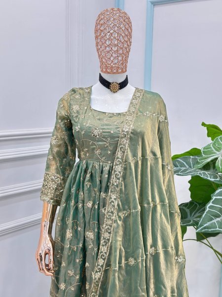 Authentic Green Fandy Silk Gown Set with Zari Sequins Embroidery and Dupatta Ready To Wear Collection