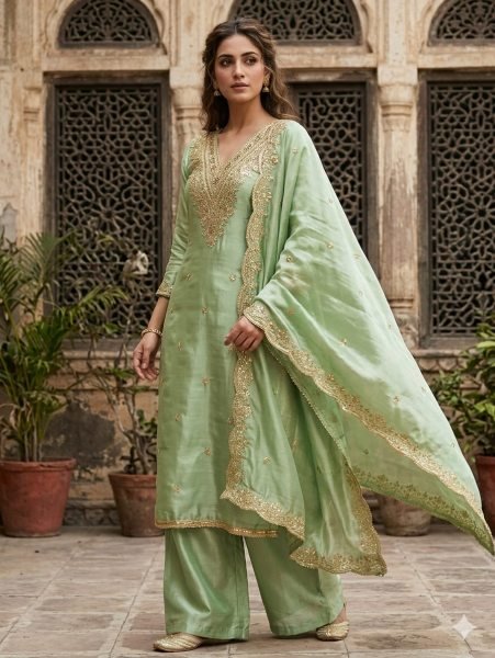 Authentic Green Fashionable Dress Material with Premium Look in Budget Punjabi Dress Materials Wholesale