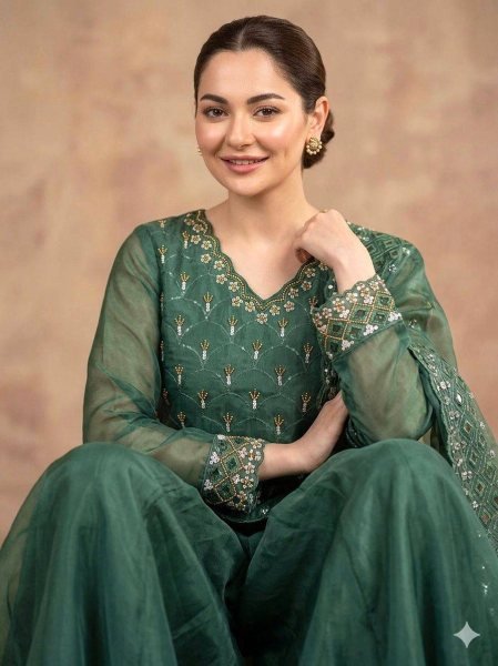 Authentic Green Fendy Kurti Plazzo Set with Beads Sequins Embroidery Ready To Wear Collection