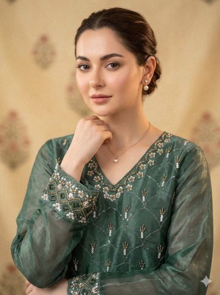 Authentic Green Fendy Kurti Plazzo Set with Beads Sequins Embroidery Ready To Wear Collection