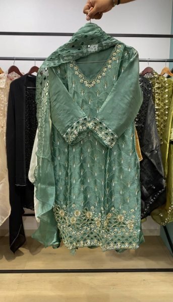 Authentic Green Fendy Kurti Plazzo Set with Beads Sequins Embroidery Ready To Wear Collection
