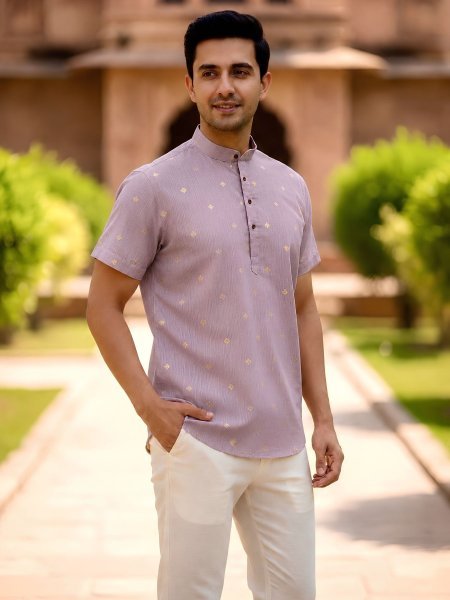 Authentic Lavender Linen Cotton Short Kurta with Jacquard Butta For Daily Wear 
