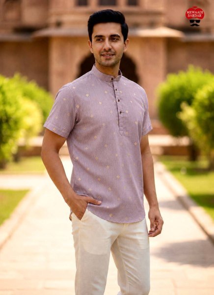 Authentic Lavender Linen Cotton Short Kurta with Jacquard Butta For Daily Wear Mens Shirt